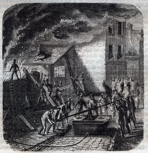 Firemen using a fire pump by French School